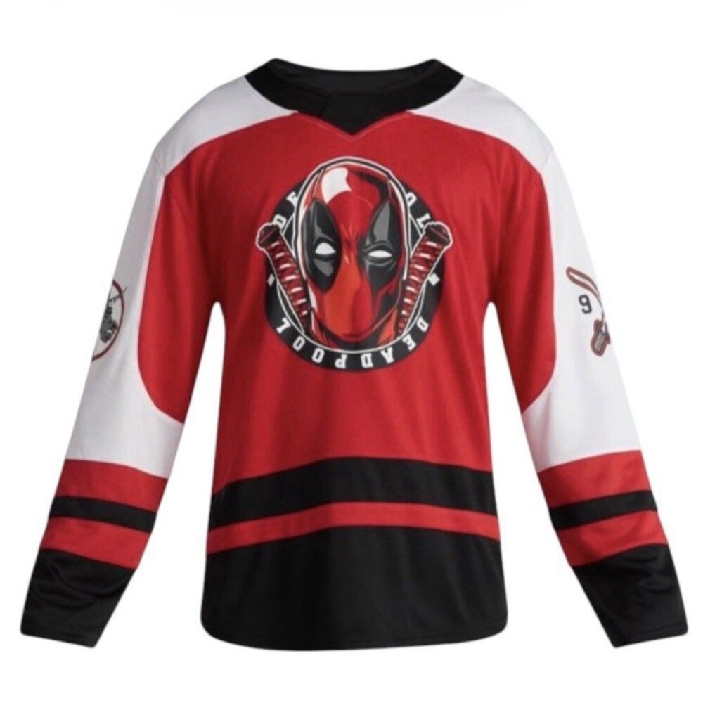 Marvel Deadpool 91 Hockey Jersey Red Black Long Sleeve Adult M(38-40)